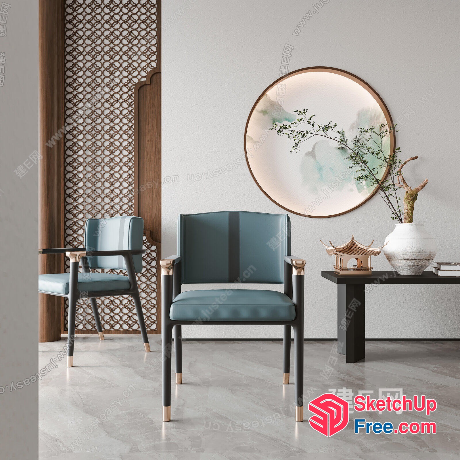 Modern Minimalist Living Room With Blue Chairs And Round Art 3D SketchUp File