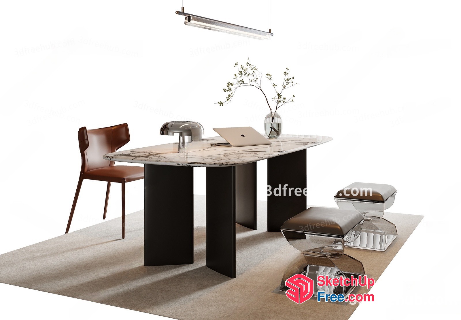 Modern Office Desk With Brown Chair And Marble Table 3D SketchUp File