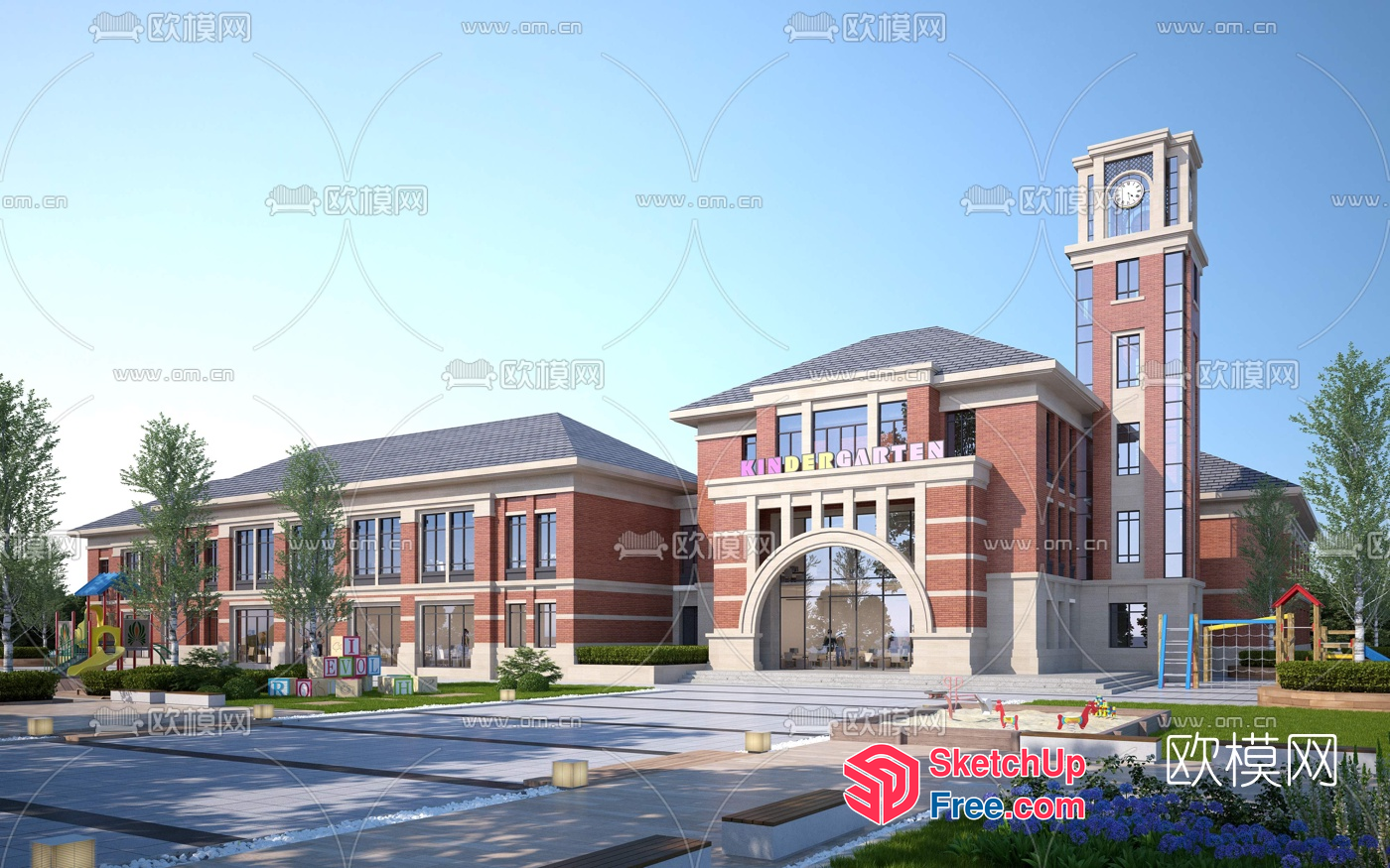Kindergarten Building With Clock Tower And Playground 3D SketchUp File