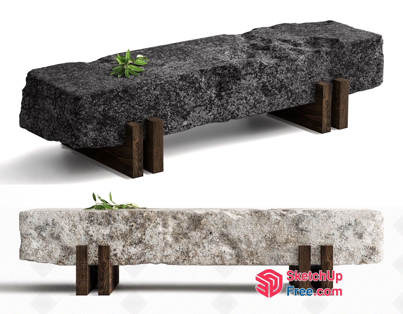 Natural Stone Bench With Wooden Legs 3D SketchUp File