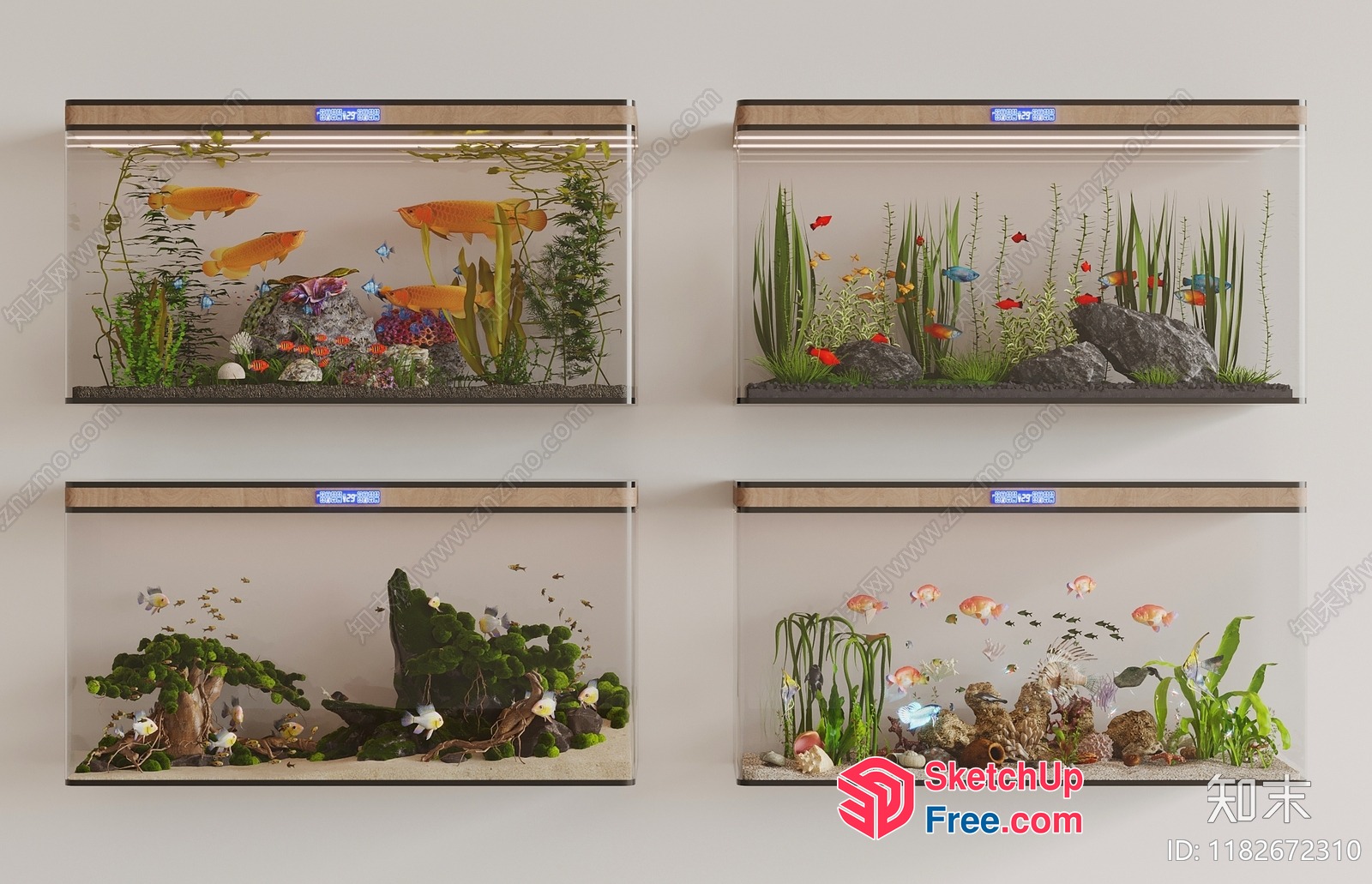 Four Wall-Mounted Aquariums With Colorful Fish And Plants 3D SketchUp File