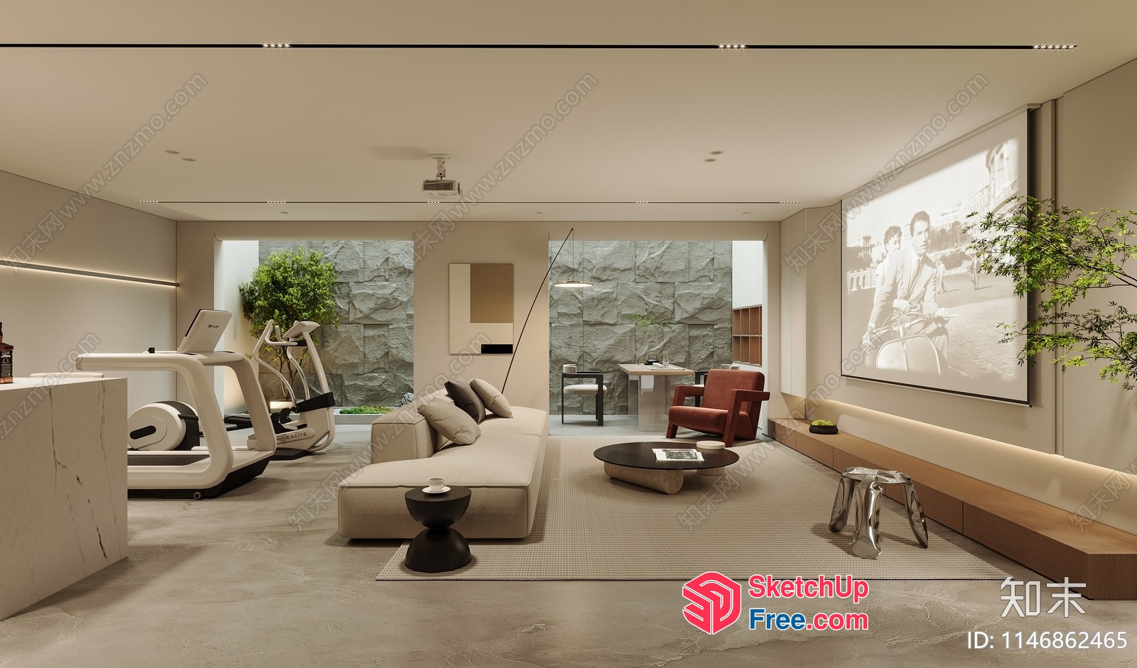 Modern Minimalist Interior With Gym And Outdoor View 3D SketchUp File