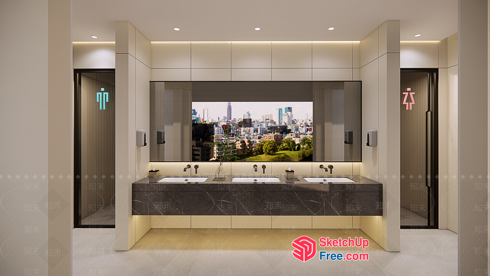Modern Public Restroom With Elevators And City View 3D SketchUp File