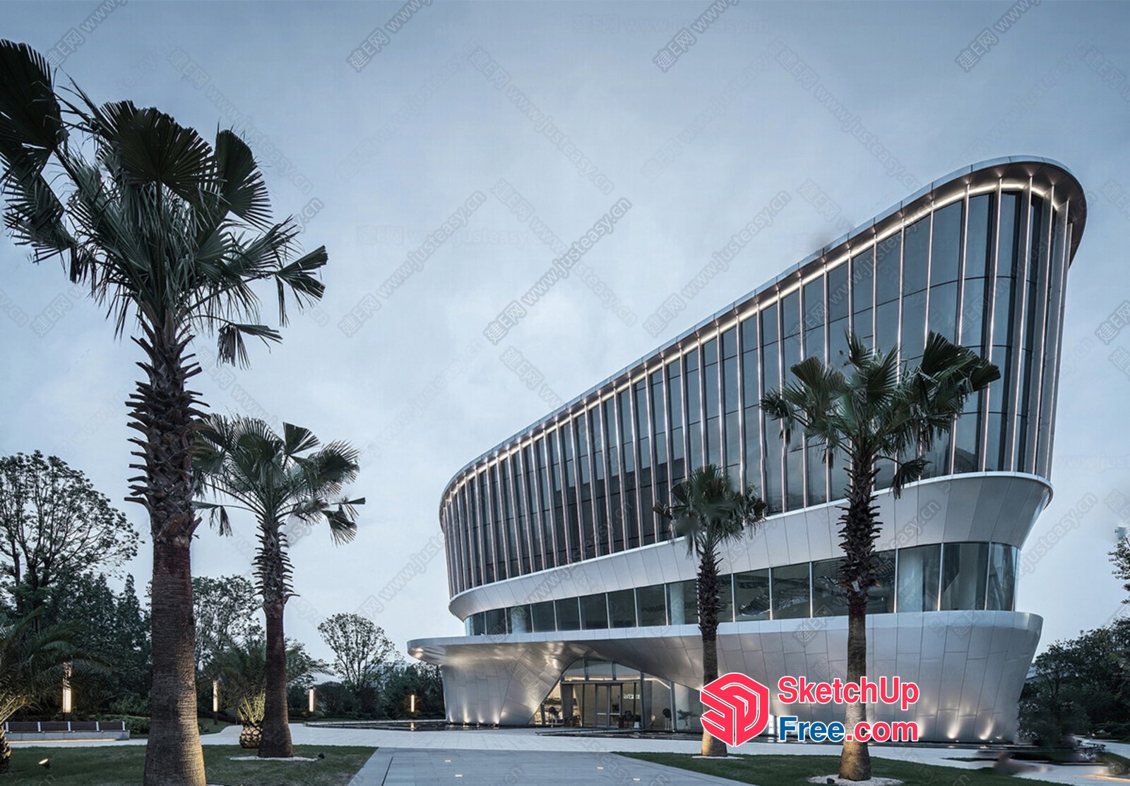 Modern Glass And Steel Building With Palm Trees 3D SketchUp File