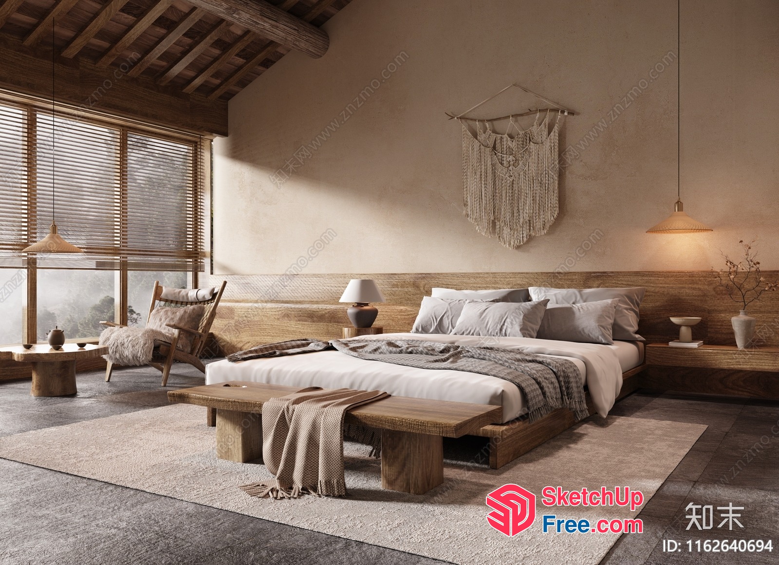 Cozy Wabi-Sabi Inspired Bedroom With Natural Wood Accents 3D SketchUp File