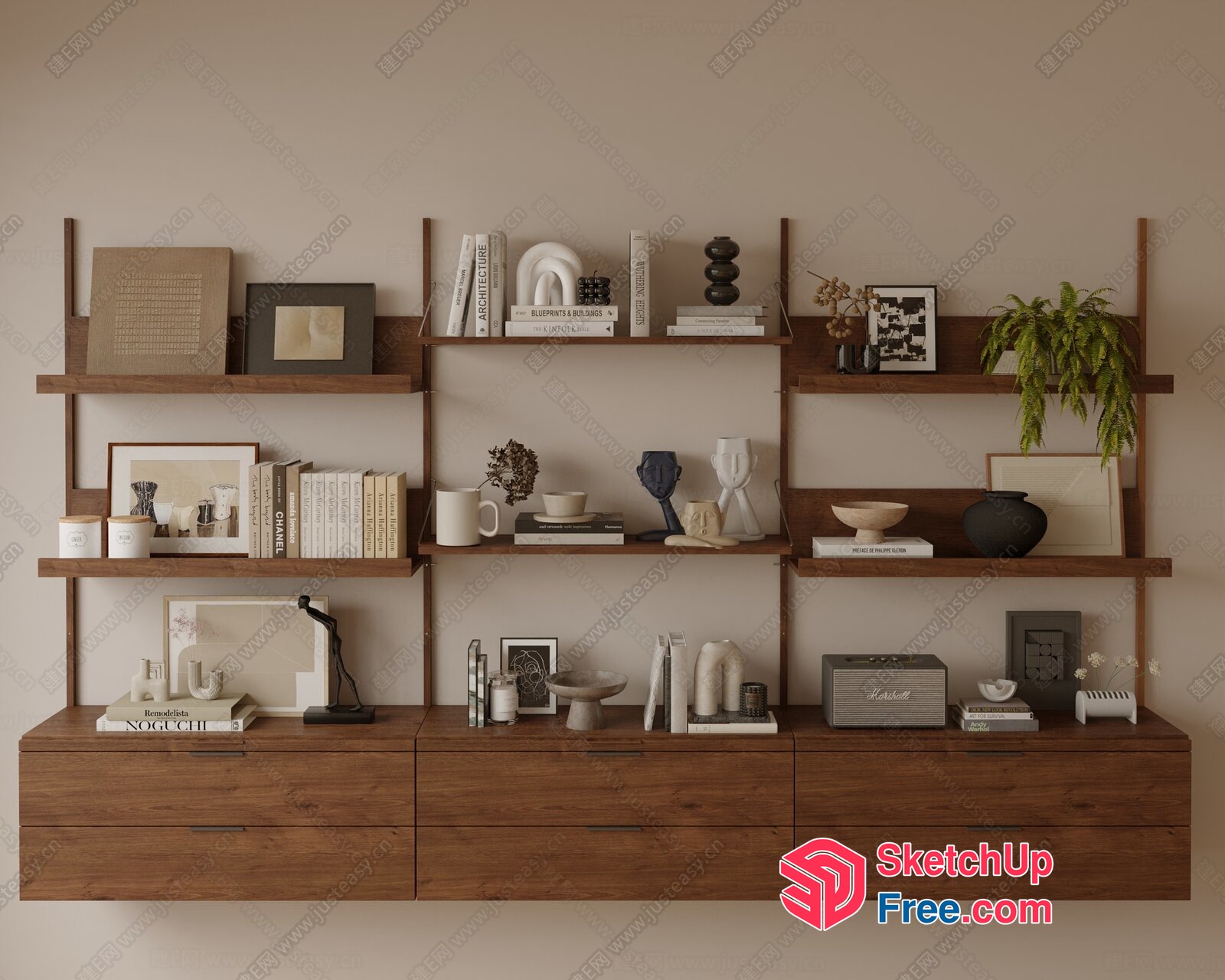 Modern Minimalist Shelving Unit With Decorative Items 3D SketchUp File