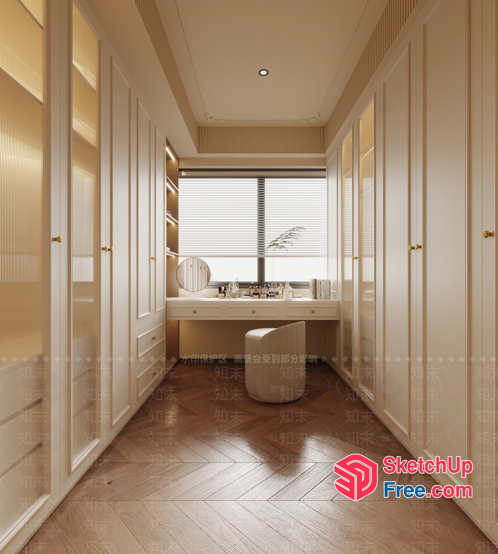 Elegant Creamy Style Dressing Room With White Vanity 3D SketchUp File