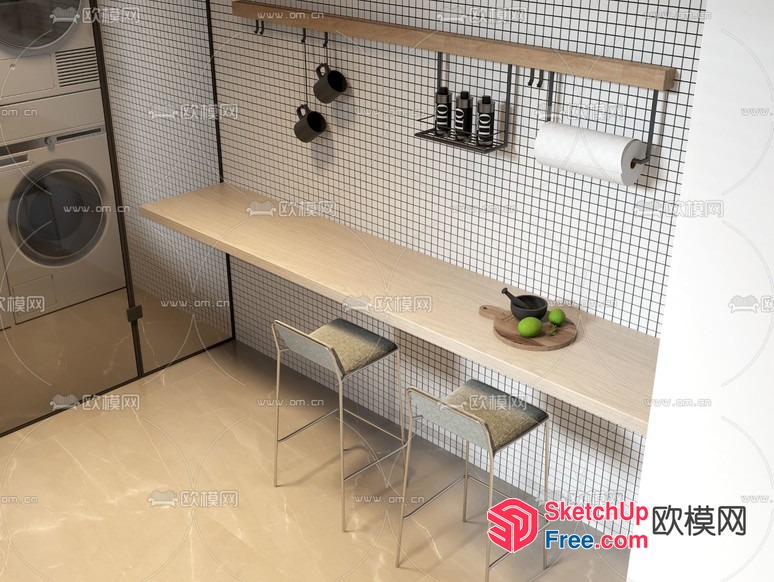 Modern Kitchen Space With Laundry And Bar Area 3D SketchUp File