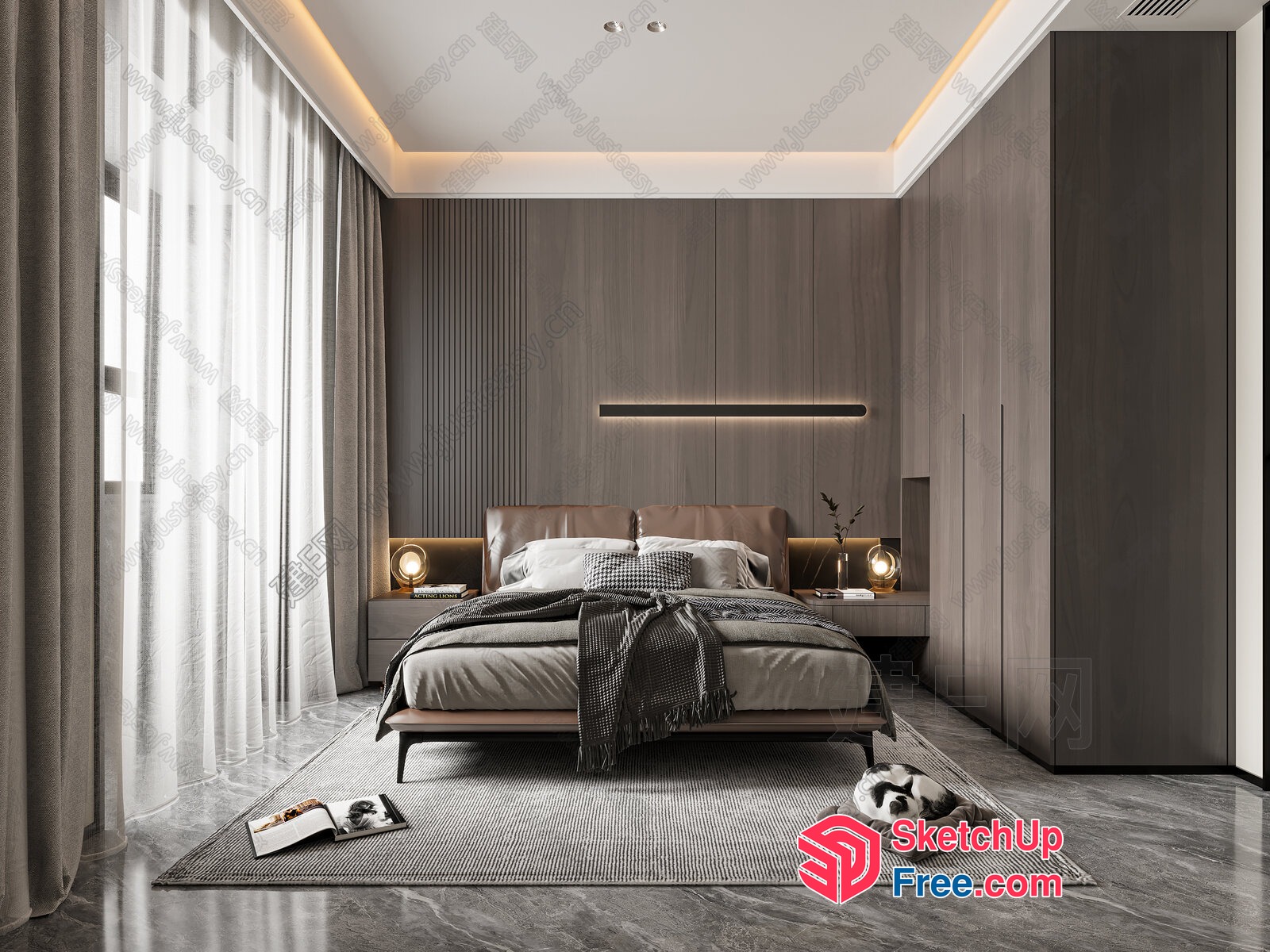Modern Brown Leather Bed With Pillows And Blanket 3D SketchUp File