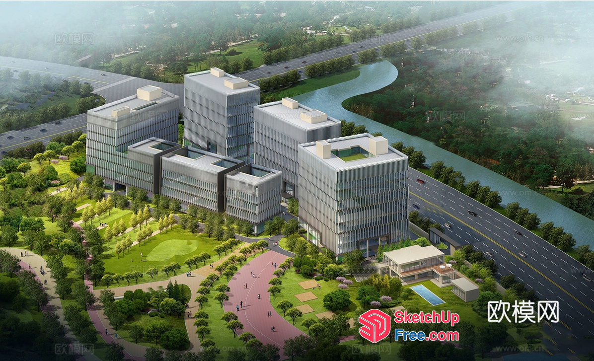 Modern Commercial Complex With Green Spaces And Highway Access 3D SketchUp File
