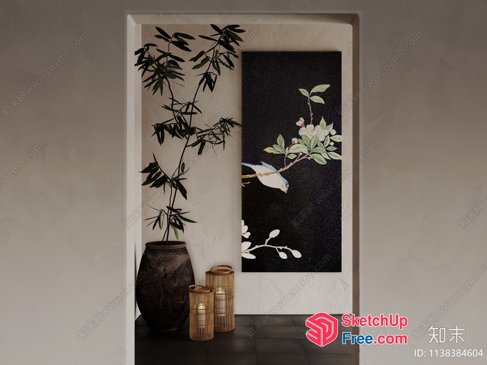 Asian-Inspired Interior Design With Elegant Bird Painting 3D SketchUp File