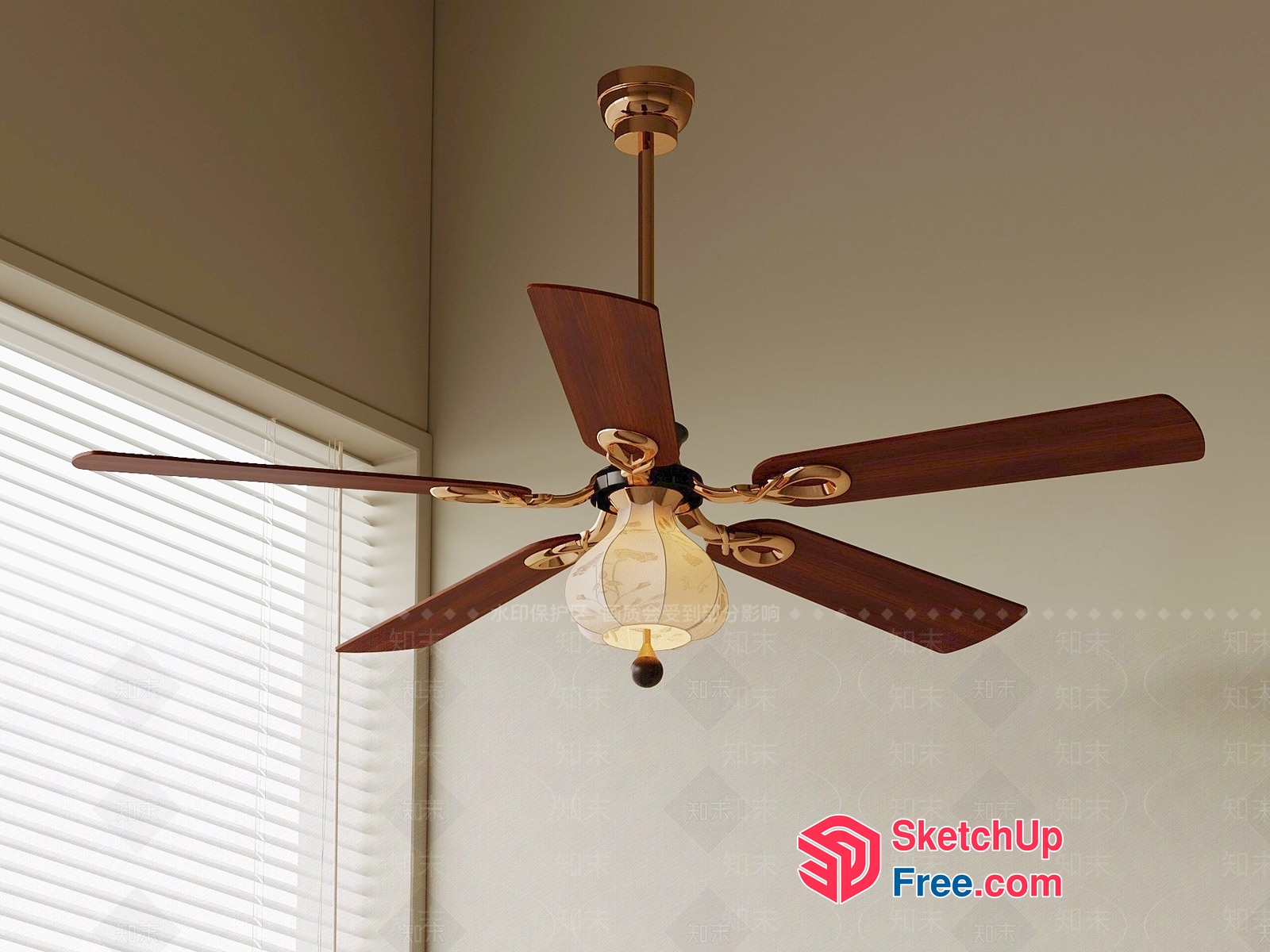 Elegant Ceiling Fan With Wooden Blades And Gold Accents 3D SketchUp File
