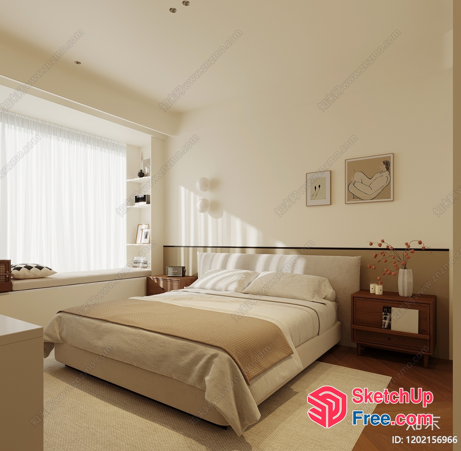 Modern Minimalist Creamy Style Bedroom Interior 3D SketchUp File