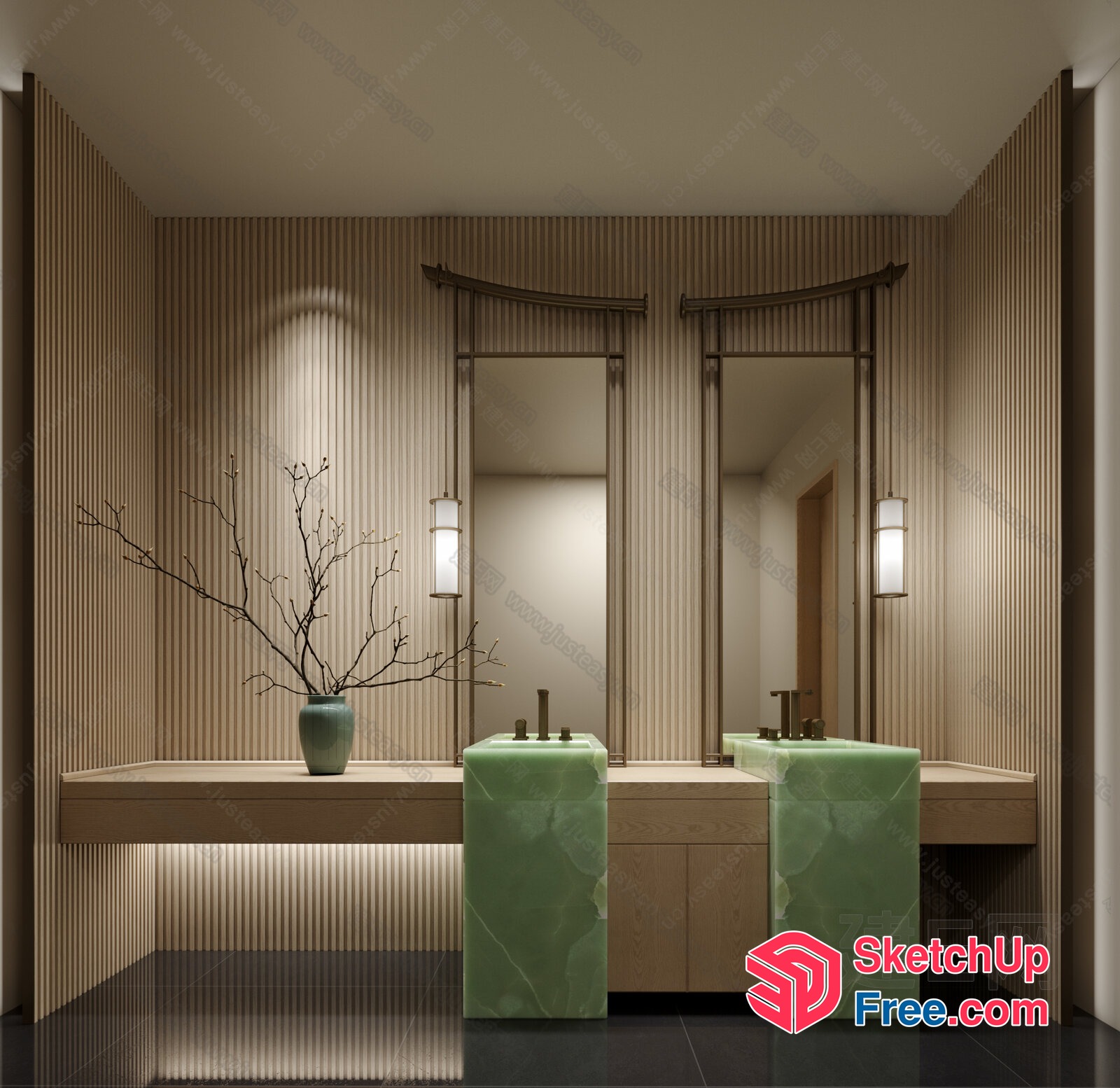 Modern Japanese-Style Bathroom With Green Marble Sinks 3D SketchUp File