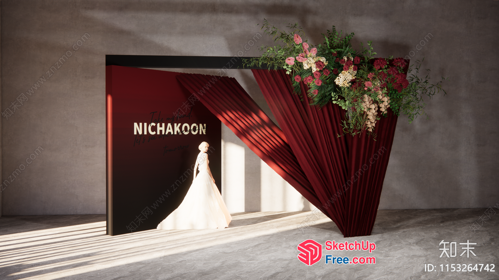 A Wedding-Themed Interior With A Dramatic Red Curtain 3D SketchUp File