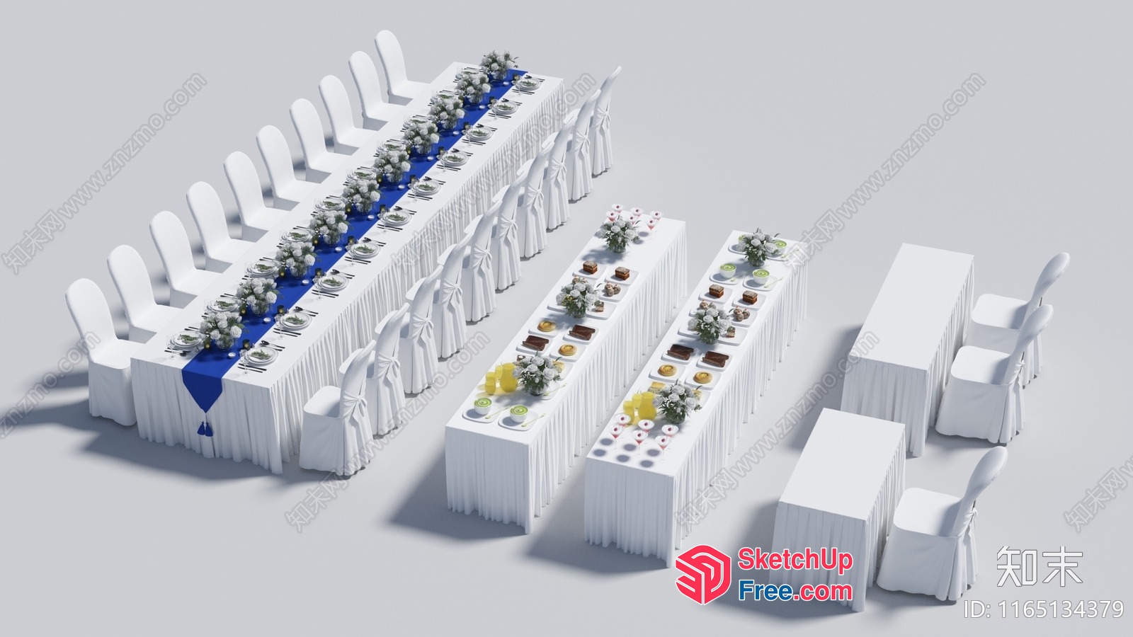 Long Table Setting With Chairs And Food 3D SketchUp File