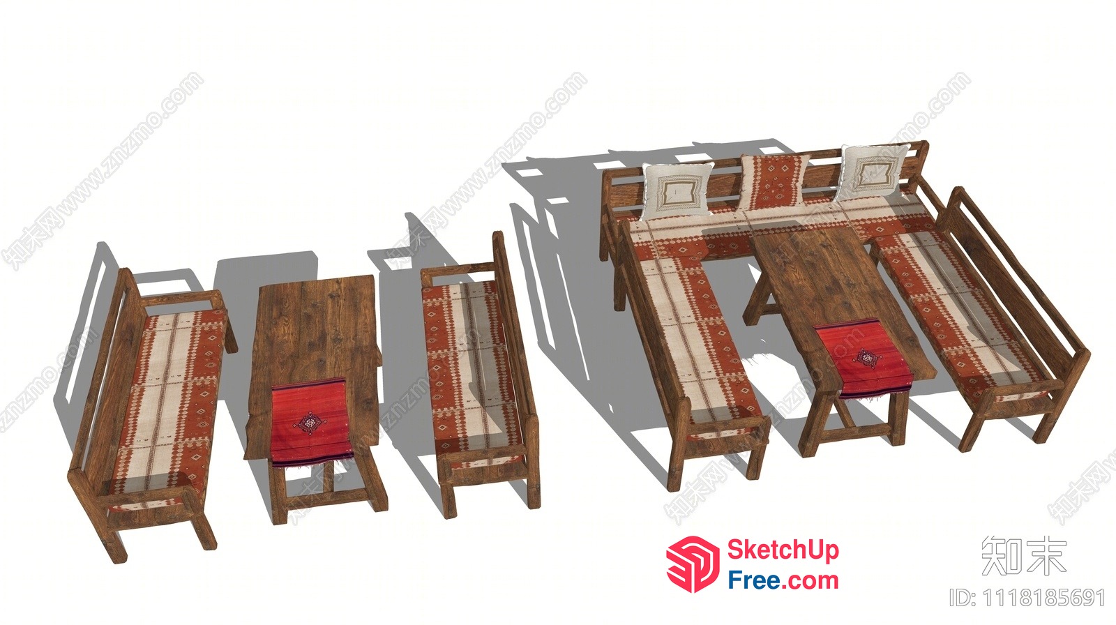 Rustic Dining Set With Traditional Red And White Patterns 3D SketchUp File