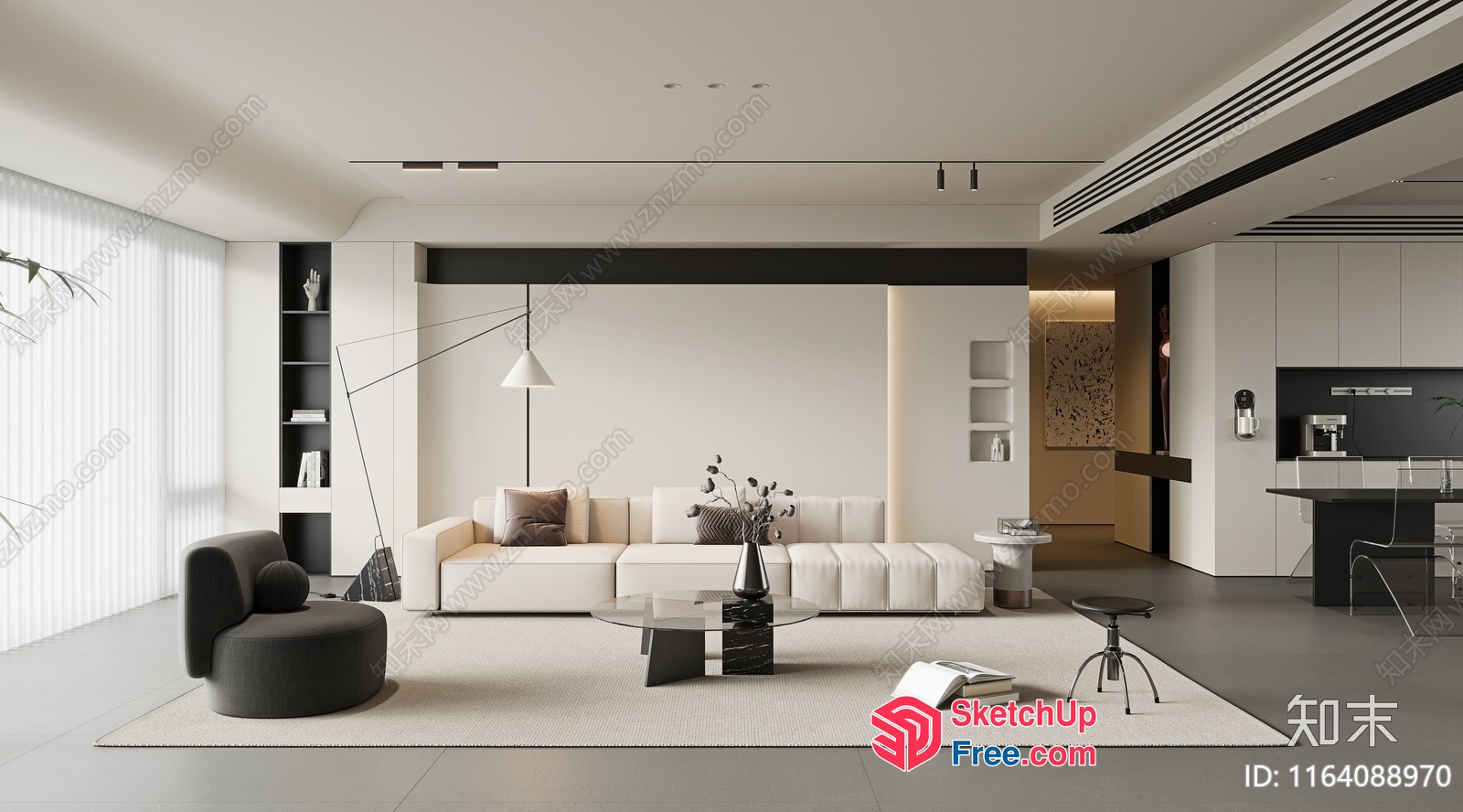 Modern Minimalist Living Room With Creamy Style Furniture 3D SketchUp File