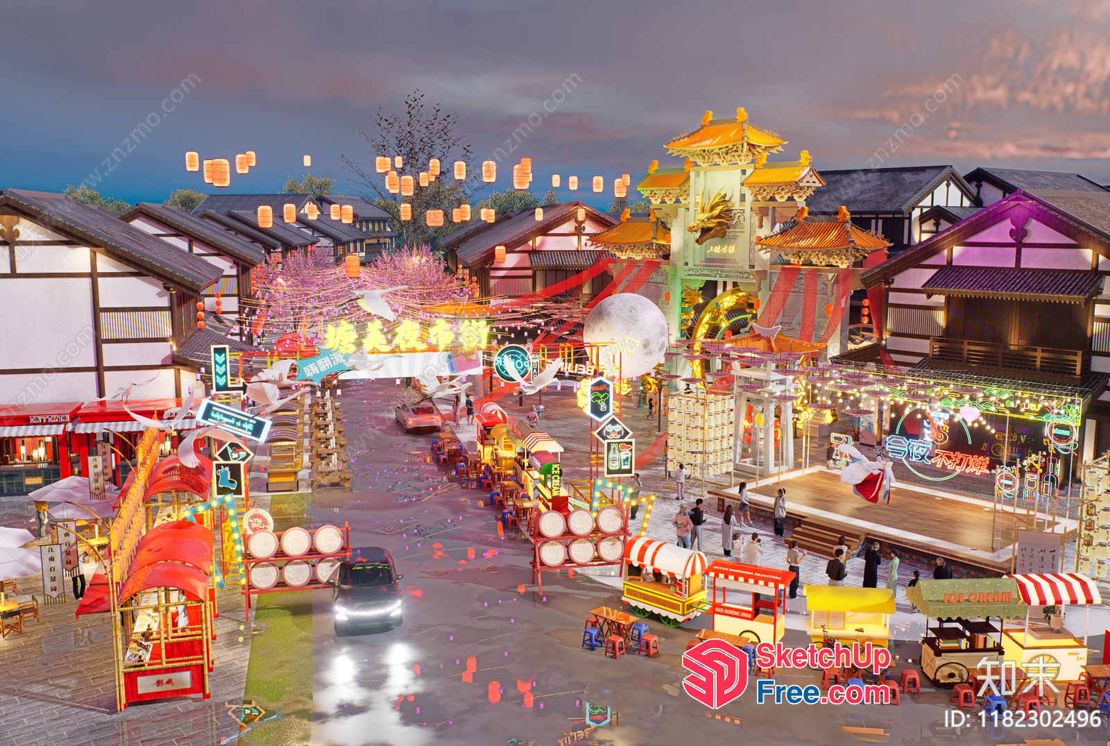 Vibrant Night Market Scene With Colorful Street Food Stalls 3D SketchUp File