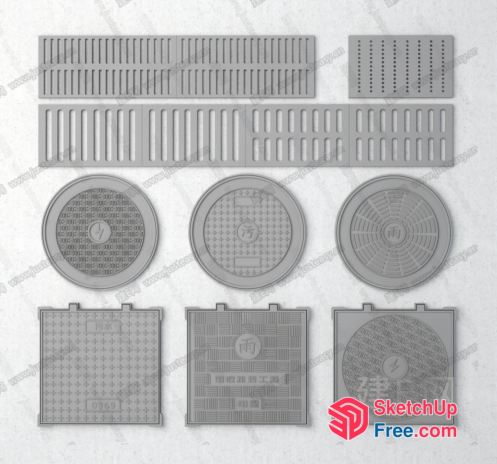 Grey-Toned Industrial Infrastructure Elements 3D SketchUp File