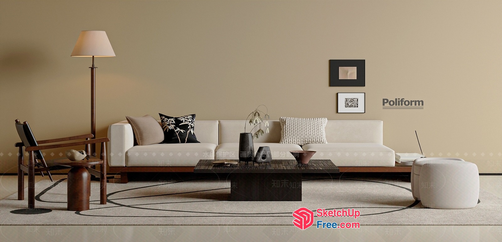 Minimalist Japanese Style Living Room With Creamy Sofa 3D SketchUp File