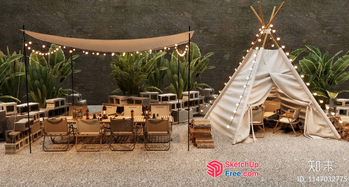 Outdoor Dining Area With Teepee And String Lights 3D SketchUp File