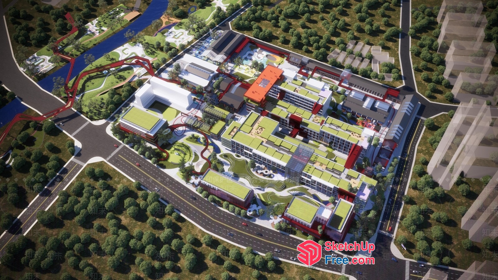 Modern Commercial Complex With Green Spaces And Water Features 3D SketchUp File