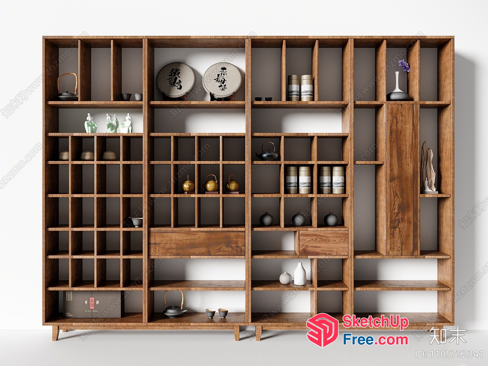Large Wooden Shelving Unit With Various Decorations 3D SketchUp File
