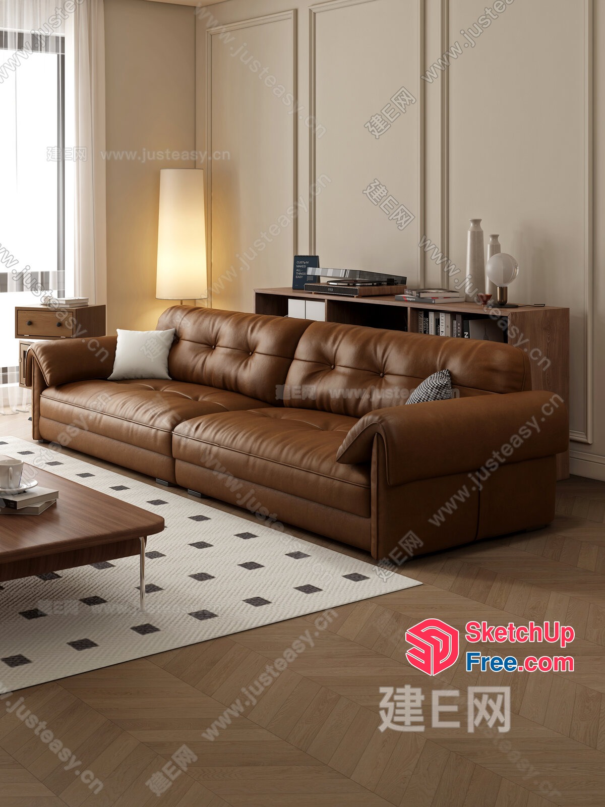 Elegant Living Room With Creamy Style Sofa And Wooden Furniture 3D SketchUp File