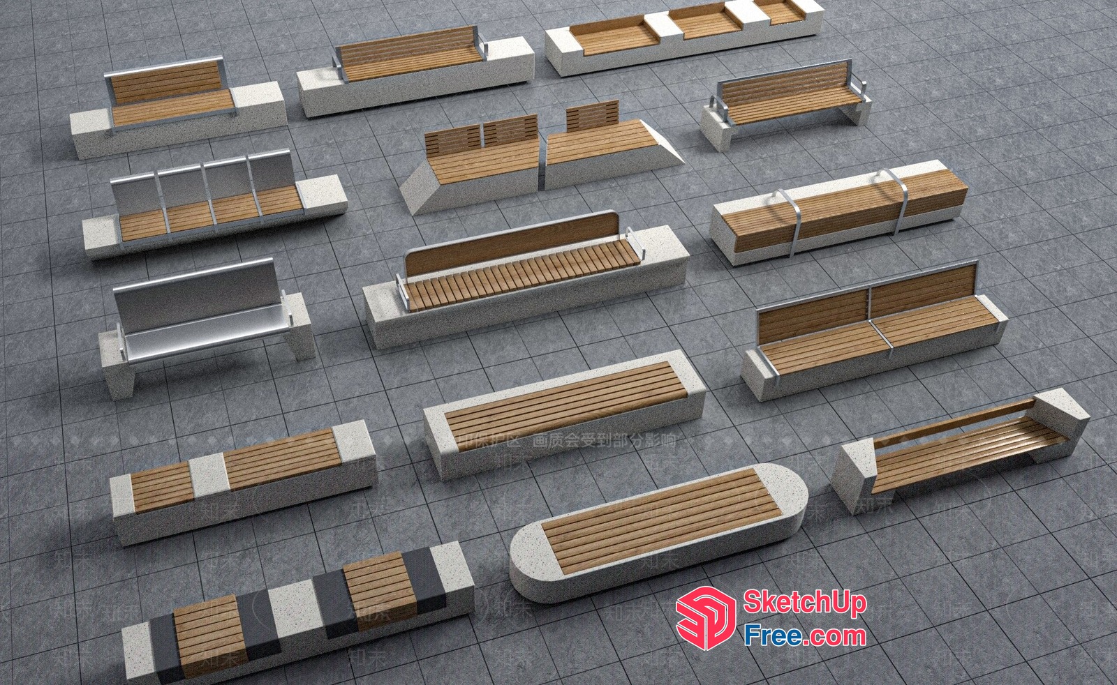 Modern Outdoor Benches With Wooden Seats 3D SketchUp File