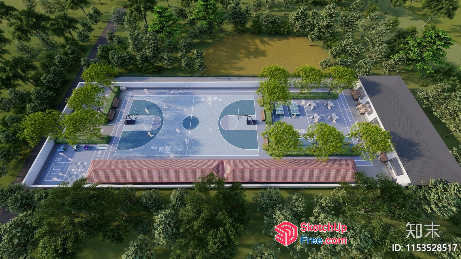 Aerial View Of Basketball Court With Surrounding Greenery 3D SketchUp File