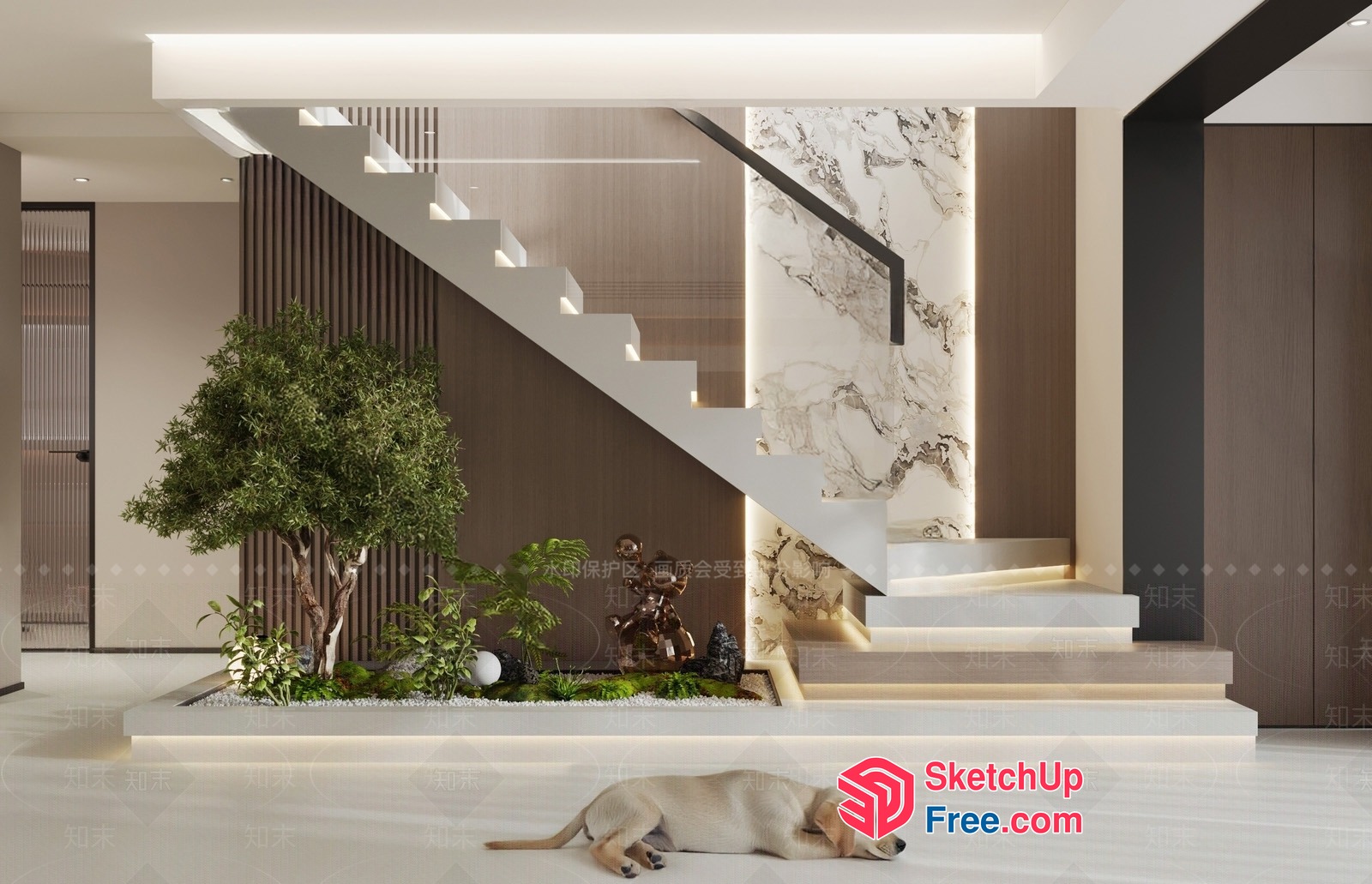 Modern Staircase With Marble Accent And Dog 3D SketchUp File