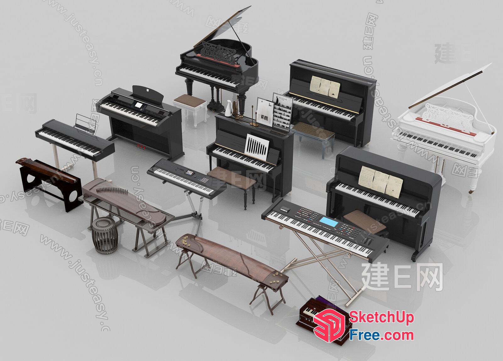 Pianos And Keyboards Of Various Styles And Sizes 3D SketchUp File