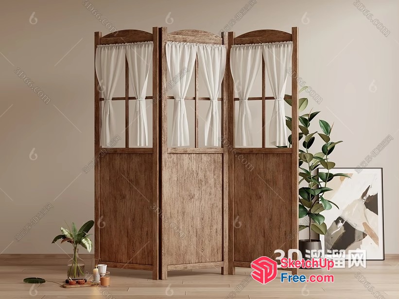 Wooden Partition Screen With White Curtains 3D SketchUp File