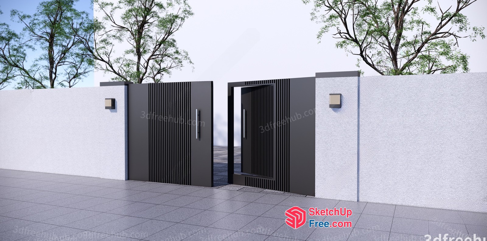 Modern Exterior Gate With Trees 3D SketchUp File