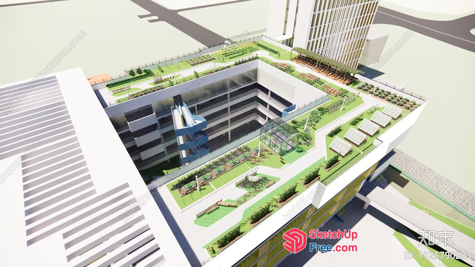 Modern Commercial Building With Lush Green Roof And Central Staircase 3D SketchUp File