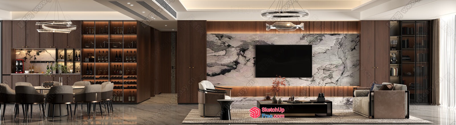 Modern Living Room With Dining Area And Wine Storage 3D SketchUp File