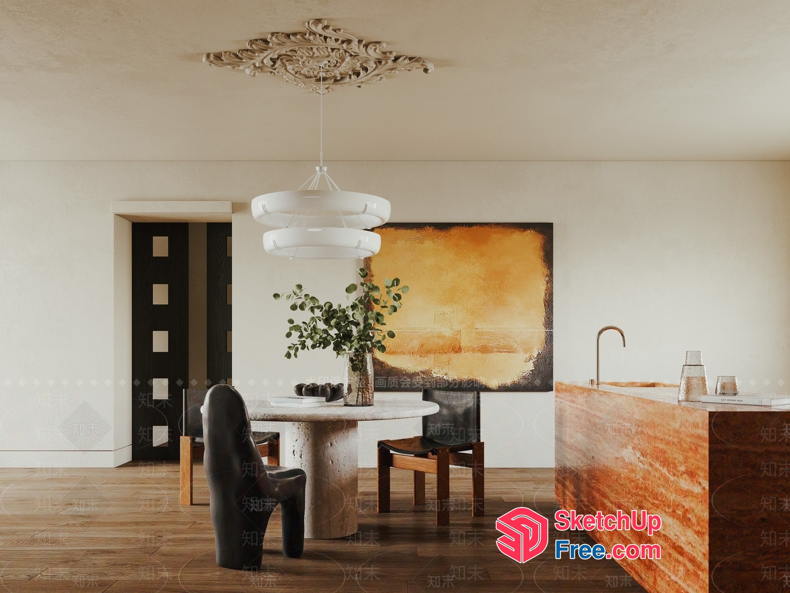 Minimalist European Style Dining Room With White Ceiling Light 3D SketchUp File