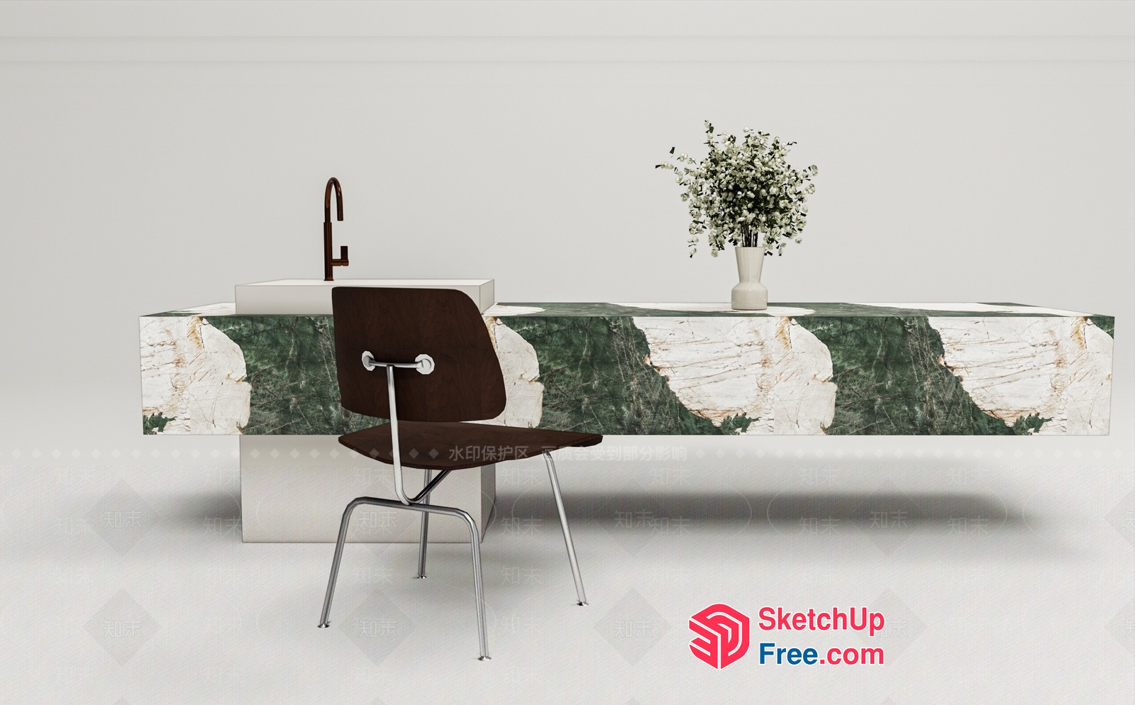 Modern Minimalist White And Green Marble Kitchen Sink 3D SketchUp File