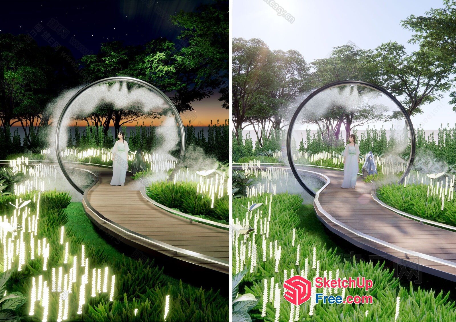 Serene Glass Enclosure With Wood Pathway And Illuminated Garden 3D SketchUp File