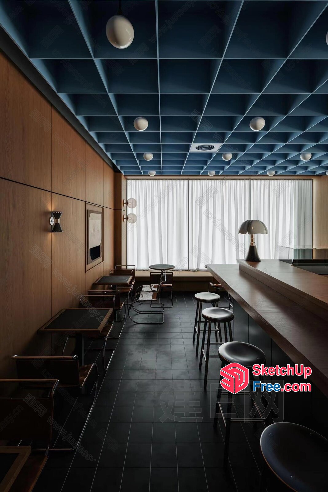 Modern Bar Interior With Unique Ceiling Design And Natural Light 3D SketchUp File