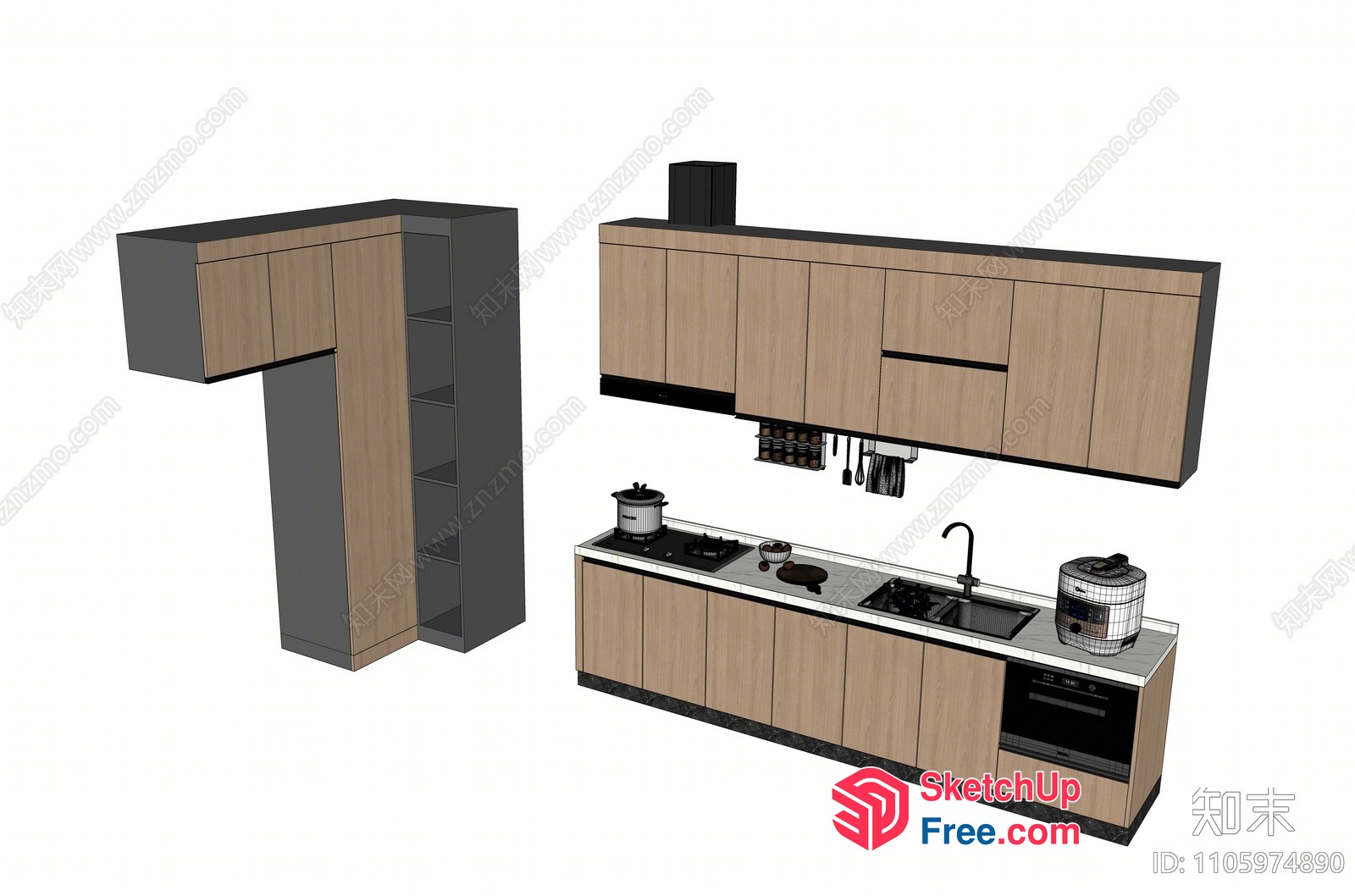 Modern Minimalist Kitchen With Wooden Cabinets And White Countertops 3D SketchUp File