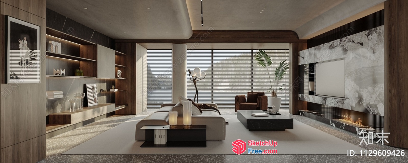 Modern Living Room With Pillars And Large Windows 3D SketchUp File