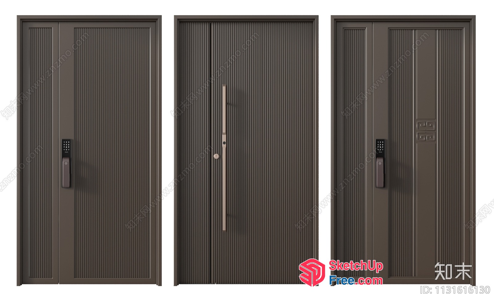 Three Dark Brown Doors With Long Handles And Locks 3D SketchUp File