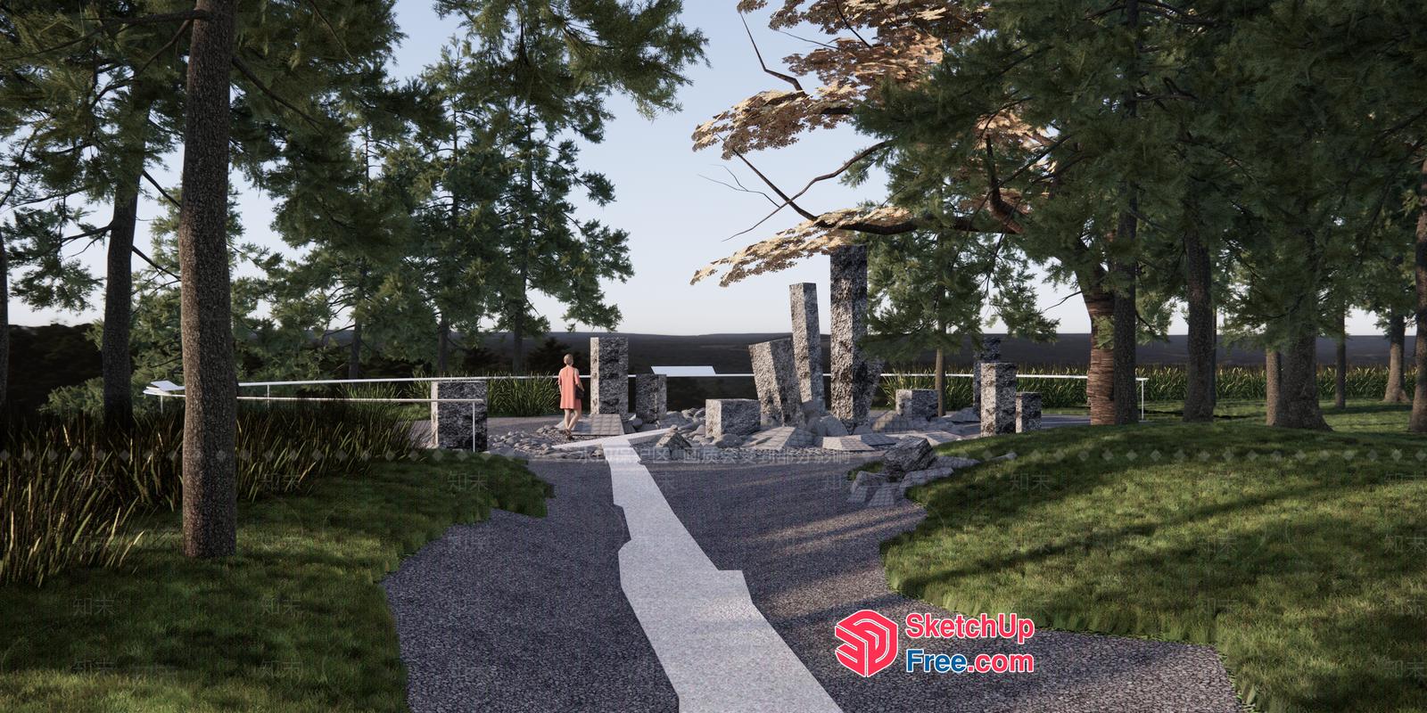 Serene Park With Stone Pillars And Railing 3D SketchUp File