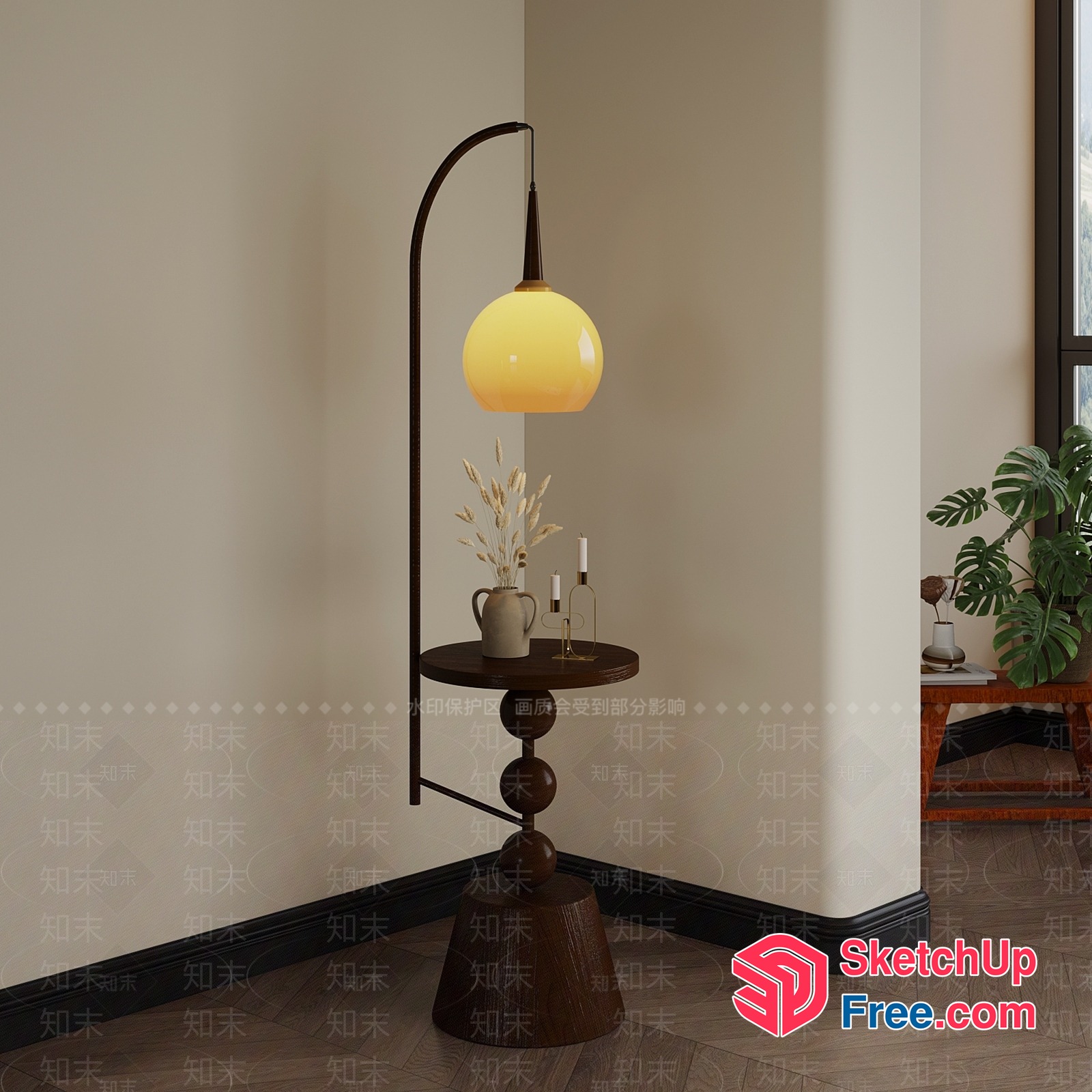 Elegant And Modern Corner Table With Hanging Lamp 3D SketchUp File