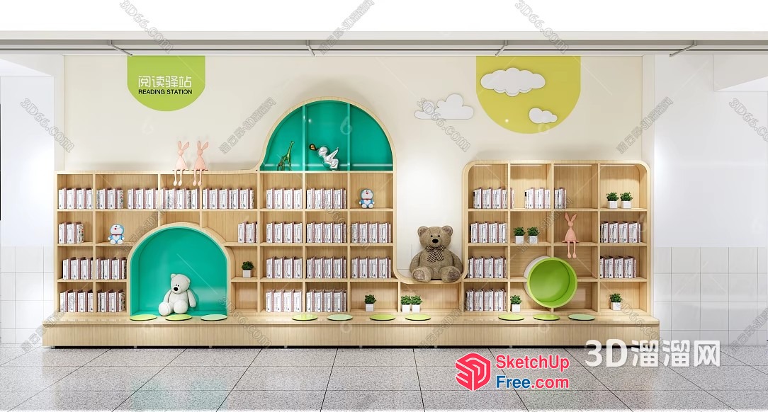 Cozy Reading Nook With Plush Toys And Bookshelves 3D SketchUp File