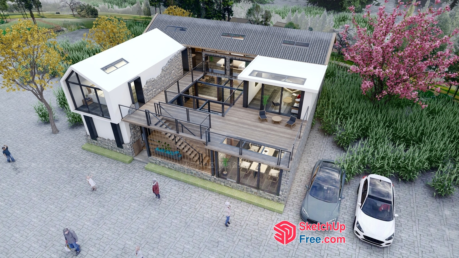 Modern Villa With Glass Curtain Wall And Outdoor Space 3D SketchUp File