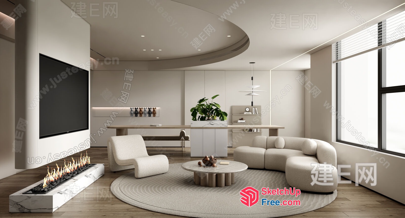 Modern Minimalist Living Room With Curved Ceiling And Fireplace 3D SketchUp File