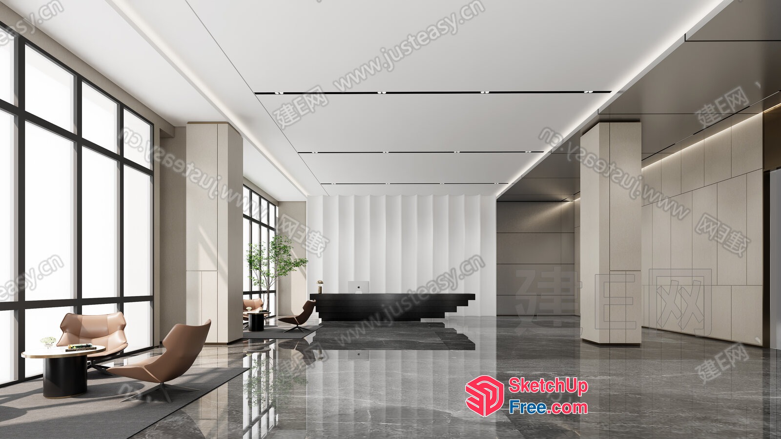 Modern Office Lobby With Sleek Furniture And Natural Light 3D SketchUp File